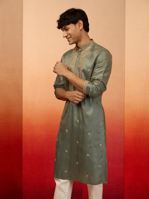 Men's Mint Green Resham Embroidered Silk Kurta